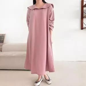 [문에이블]문에이블 여자 여성 봄 가을 루즈핏 체형커버 데일리 둥근카라 세일러 긴팔 롱 원피스