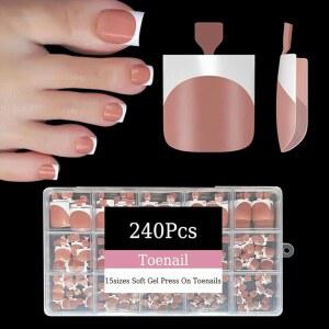 Dsixnails 240피스 토 프레스 온 네일, 여성용 짧은 브라운 프레스, 발톱에 스퀘어 프렌치 팁 부드러운 젤 네일 팁, 여아용 아크릴 풀 커버 인조 발톱, 15사이즈