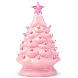 조이도미 7인치 핑크 세라믹 크리스마스 트리, 미니 프리라이트 테이블탑 홀리데이 장식용 투명 탑스타 & 전구 작은 베스트 데스크 장식 (핑크)