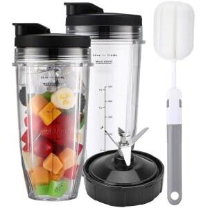 닌자 블렌더 컵 교체 부품용, Nutri Ninja BN401 BN751 BN801 L682-30 BL642-30 BL482-30 BL687CO-30 NN102 추출기 블레이드용 뚜껑 및 7핀 블레이드가 있는 680.4g(24온스) 2개, 클리닝 브러시 포함