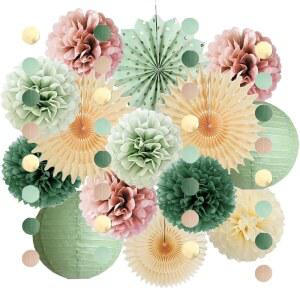 세이지 그린과 더스티 로즈 파티 장식 종이 랜턴 핑크 레트로 올리브 크림, 보호 생일 베이비 샤워 브라이덜 웨딩 약혼을 위한 베이지 팬 품절