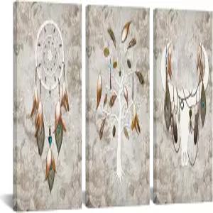 비오테왈 3피스 황소 해골 캔버스 월 아트 사우스웨스턴 욕실 장식 드림 캐처 깃털 그림 레트로 페인팅 홈