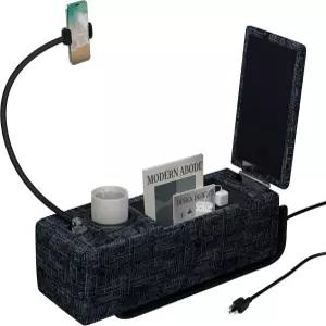 20.27인치 다기능 소파 팔걸이 충전기가 있는 탈착식 휴대폰 홀더가 블루 샤닐 폼 캐디 정리함 컵 홀더 및