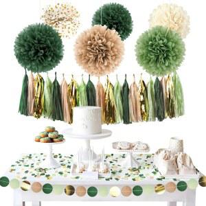 AOBKIAT 세이지 그린 웨딩 파티 장식, 티슈 페이퍼 폼폼 28개, 원형 도트 화환 종이 태슬 걸이 배경, 여아 여성 생일, 브라이덜 베이비 샤워, 보헤미안 용품