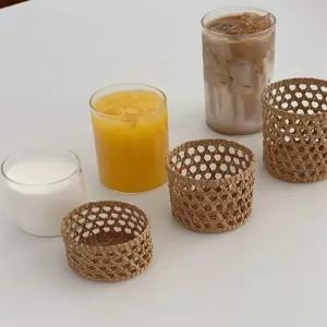 라탄 대나무 컵홀더 천연소재 원형 수공예 우드티 복고풍