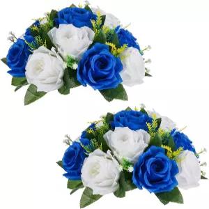 NUPTIO 꽃 공 배열 부케 - 지름 9.5인치 로열 블루 가짜 장미 2개 웨딩 센터피스 테이블 장식용 인조