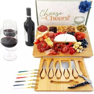 칼 그릇 컬러 포크 및 와인 오프너가 포함된 샤르쿠테리 보드 치즈 세트 - 수납공간이 있는 프리미엄