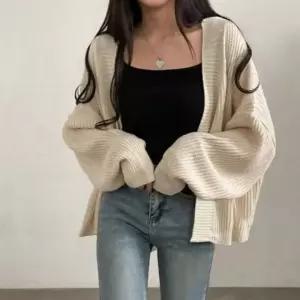 패션스타일 루즈핏 캐주얼 스타일 여자 노버튼 도톰 가디건 니트