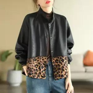 팔콘 여자 여성용 검정 하프 카고 복고풍 PU패치 루즈핏 가죽 코트 자켓 상의 KKE1