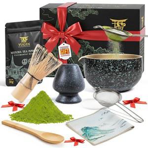 유겐 말차 7피스 거품기 세트, 의식용 등급 파우더 30g, 금속 체, 대나무 거품기, 홀더, 숟가락, 차 천, 그릇, 의식 세트 포함