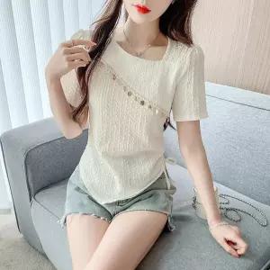 여름 여친 니트 티 언밸런스 레이스 반팔 스팽글 스트링 롱루즈핏 프렌치 셔츠 MF1