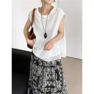 원피스 여름 빈티지 여성용 라운드 민소매 나시 블라우스 자수 펀칭 슬림핏 상의 KS1