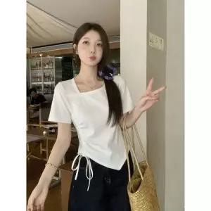 여친 여름 정숄더 블라우스 스트링 큰사이즈 반팔 통통 셔츠 스퀘어넥 연노랑 웨이스트 티 언밸런스 SPO마