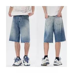 남성 청반바지 숏 빈티지 워싱 데님 트리밍 반바지 슬림핏 캐주얼 6부 바지 MF1