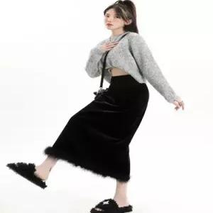 스커트 여자 검정 롱 데일리 벨벳 원웨이브 H라인 트임 힙업 퍼 SPO마켓1