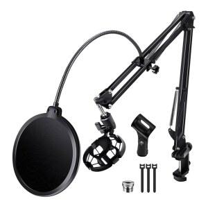 빌리오네 마이크 스탠드, 블루 예티 쿼드캐스트 S 솔로캐스트 스노우볼 AM8 및 기타 마이크용 붐 암 팝 필터 쇼크 마운트 클립 케이블 타이 포함