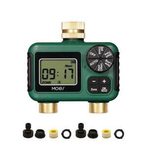MOES 2 콘센트 스프링클러 타이머, 황동 입구 및 출구, 프로그래머블 자동 관개 컨트롤러, 비 지연, 수동 급수, 정원, 잔디 호스 시스템용 2구역 워터 타이머