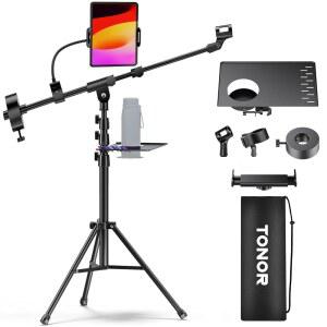 태블릿 홀더가 있는 TONOR 마이크 스탠드, 바닥용 삼각대 붐 암, 높이 및 각도 조절 가능, 휴대용 가방이 헤비 듀티 스마트폰 패드 클램프, 호환성 높음, 컵 트레이, T35+