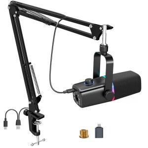[미국배송] 게임 팟캐스트용 ZEALSOUND XLR /USB 다이내믹 마이크 RGB 라이트 음소거 버튼 마이크 게인 헤드폰 잭 붐 암 스탠드 노래하는 YOUTUBE용 폰 PC 컴퓨터 스트리밍