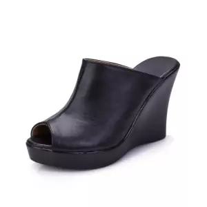 소가죽 키높이 블랙 구두 샌들 가보시 토오픈 뮬 굽높은