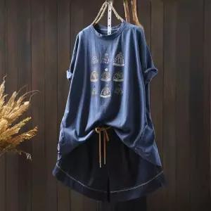 여성 면 여름 캐주얼 티 반팔 데일리 상의 앞짧은 프린트 긴 뒤 프린트티 후드 스포M1