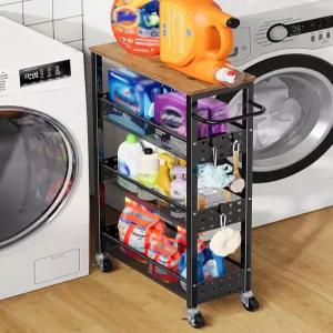 유틸리티 슬림 수납 카트 테이블 상판이 있는 스키니 롤링 스파이스 랙 세탁기와 건조기 사이의 작은 세탁