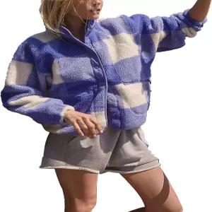 쿠무펜 프린트 여성용 셰르파 재킷 긴팔 버튼 다운 퍼지 플리스 코트 Y2K 포켓 포함 아우터