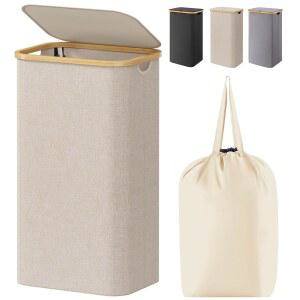 뚜껑이 있는 Lifewit 100L 세탁 바구니, 대나무 손잡이와 탈착식 가방, 침실, 욕실, 기숙사, 세탁실, 베이지색을 위한 대형 접이식 바구니