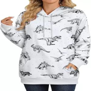 RMCMS 여성 귀여운 공룡 그래픽 후드 경량 컴프트 풀오버 포켓이 있는 캐주얼 스웨트셔츠