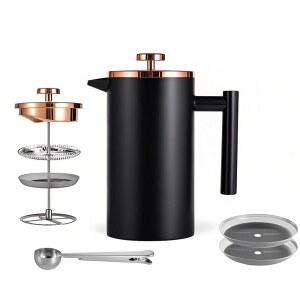 밀리오 스몰 프렌치 프레스 350ml 블랙, 이중벽 단열 커피 여행용 스테인리스 스틸, 메이커 블랙 위에 싱글 컵 붓기(1컵, 12온스)