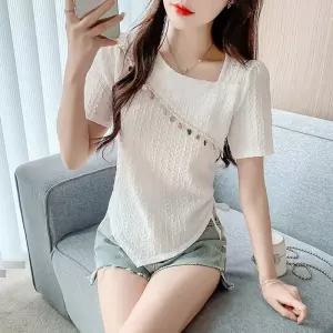 여름 여사친 니트 티 레이스 반팔 롱루즈핏 스팽글 프렌치 아이템 언밸런스 트렌디 스트링 HT1