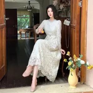 원피스 여성 자수 펀칭 긴팔 라운드 러블리한 레이스 비즈 인기1