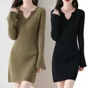 엘레무르) 미엘리 V넥 골지 니트 원피스 미니 치마 스커트 겨울 가을 여성 하객룩 -N6