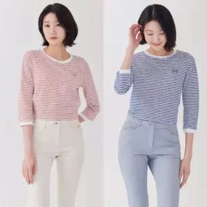 지센 여성 에센셜 스트라이프 자수 포인트 라운드 7부 티셔츠 LCTSP371