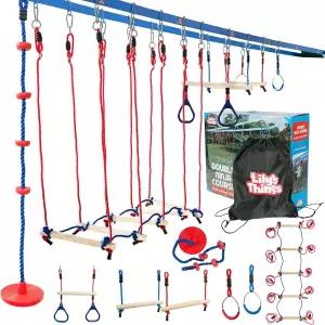 더블 닌자 슬랙라인 장애물 코스 80피트 전사 액세서리 몽키 바 클라이밍 로프 링 사다리꼴 스윙 리케티