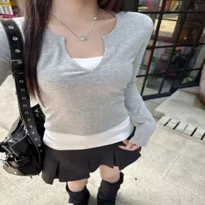 여성용 이너 가을 페이크 투피스 가능 브이넥 아우터 상의 셔츠 긴팔 데일리 티 SPO마켓3