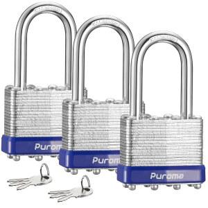 [미국배송] 퓨로마 락 3팩 자물쇠 6개의 열쇠가 있는 1-1/2 U201D 롱 섀클 헤비 듀티 창고 게이트 울타리 공구함 실외 및 실내 사용을 위한 40MM 경화 스틸 키드 유사 자물쇠 실버