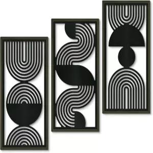 푸투오 데코 모던 미니멀리스트 월 아트 세트 3개 블랙 앤 그레이 MDF 컷아웃 기하학적 라인 패널 거실