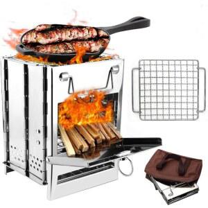 캐리백이 있는 캠핑 우드 버닝 스토브, 접이식 캠프 스토브, 스테인리스 스틸 접이식 백패킹 서바이벌 스토브, 캠프파이어 스토브, 바비큐, 요리, 피크닉, 하이킹을 위한 야외 접이식 경량 스토브