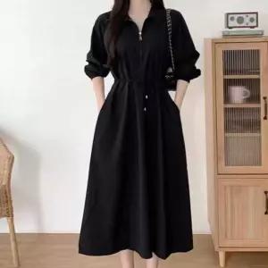 피로연원피스 캐주얼 스타일 앞지퍼 오픈타입 카라 롱 원피스