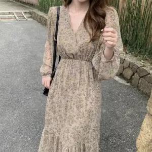 여친 원피스 트렌디 아이템 쉬폰 빅사이즈 조추 프렌치 브이넥 긴팔 하이웨스트 HT3