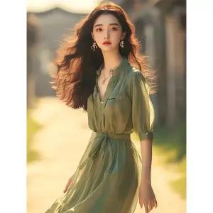 여성 트렌디 아이템 원피스 쉬폰 스몰 차이나 스커트 민트 HT1