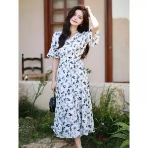 원피스 스커트 여사친 롱 여름 반팔 쉬폰 아이템 소매 브이넥 트렌디 HT1