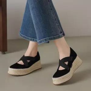 여사친 메쉬 라운드 솔리드 통굽 신발 어부 슈즈 트렌디 웨지 스트랩 펌프스 힐펌프스 아이템 프렌치 스트