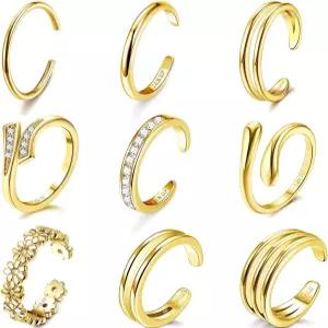 여성용 샤이니스타일 J4You 9Pcs 14K 골드 충전 토링 조절 가능 CZ 플라워 허그 밴드 여름 해변 오픈