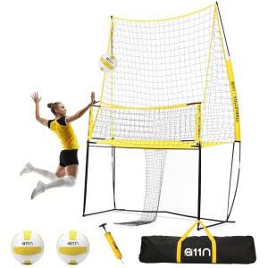 A11N 배구 연습용 네트 시스템, 볼 리턴으로 폭 8피트 업그레이드, 배구공 2개와 펌프로 조절 가능한 높이 스파이크 트레이너, 실내 야외 훈련용 휴대용