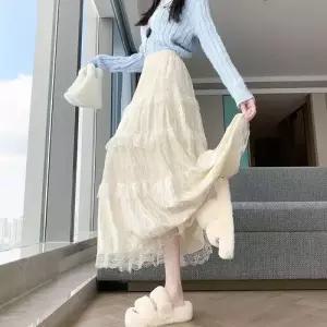 스커트 롱 여성용 케이크 우산 쉬폰 중기장 레이스 도톰 기모 A라인 영상 DUCHI1