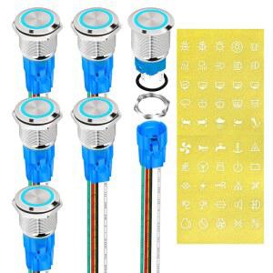 DaierTek 12V 래칭 푸시 버튼 스위치 해양 방수 원형 파란색 LED 푸시 버튼 스위치 19mm 12볼트 DC 링 조명 금속 켜기 및 보트 카용 라벨 스티커 포함 -6pcs