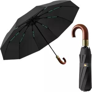 고급스러운 남성용 여행용 접이식 우산 자동 개폐 크룩 리얼 나무 J 핸들 코팅 레이어 패브릭 차단/휴대용