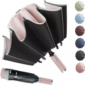 Zeproage UPF 50+ 자외선 차단 반전 우산 방풍 자동 개폐 반사 스트라이프가 있는 접이식 캐노피 내구성이